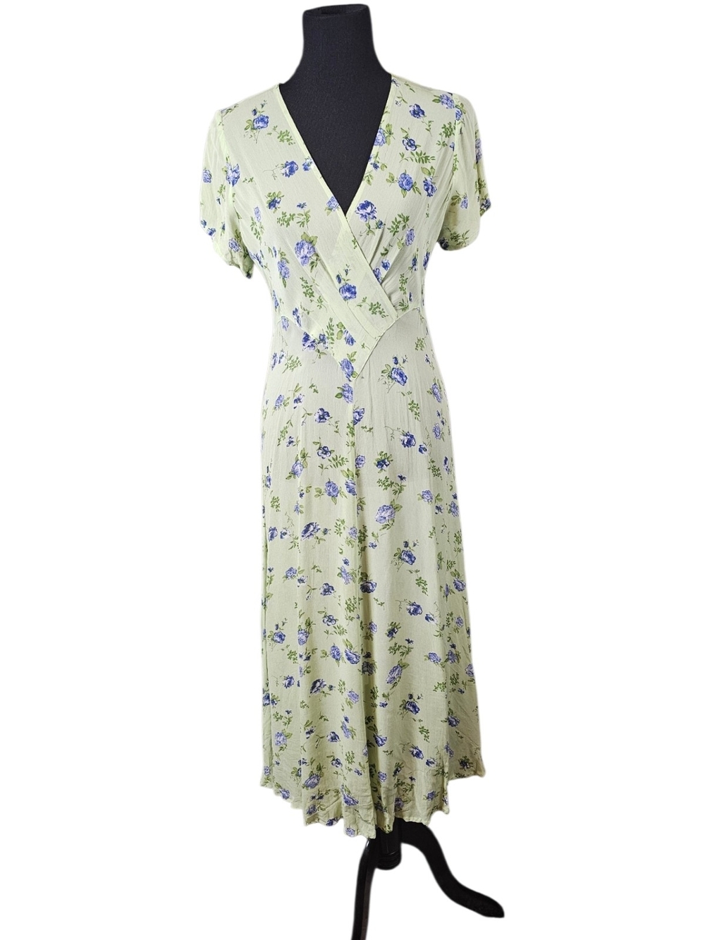 April Cornell Pale Green Midi Dress with Blue Floral Print